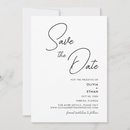Moderne minimalistische zwarte en witte bruiloft save the date (Voorkant)