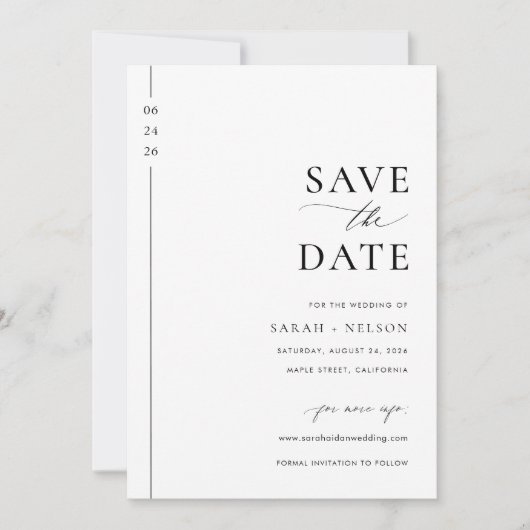 Moderne minimalistische zwarte en witte bruiloft save the date (Voorkant)