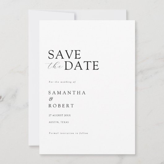 Moderne minimalistische zwarte en witte bruiloft save the date (Voorkant)