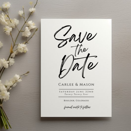 Moderne minimalistische zwarte en witte bruiloft save the date