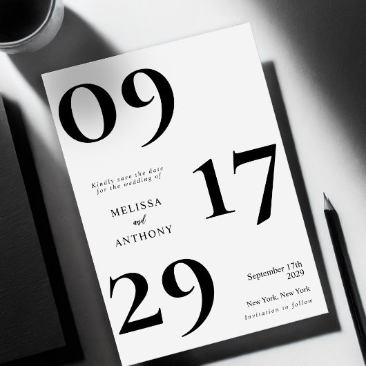 Moderne minimalistische zwarte en witte bruiloft save the date