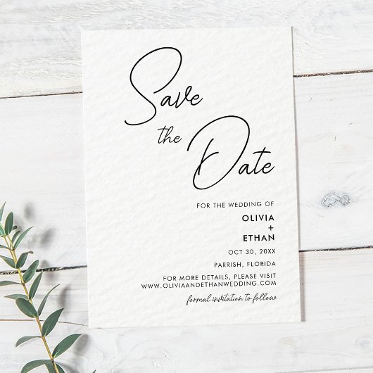 Moderne minimalistische zwarte en witte bruiloft save the date