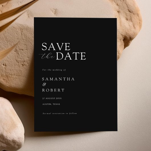 Moderne minimalistische zwarte en witte bruiloft save the date