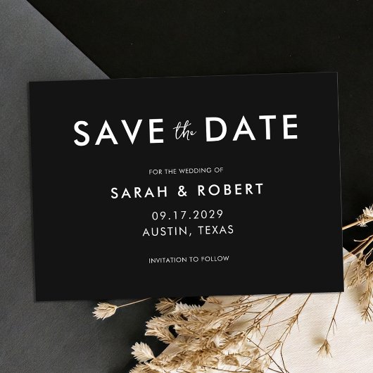 Moderne minimalistische zwarte en witte bruiloft save the date