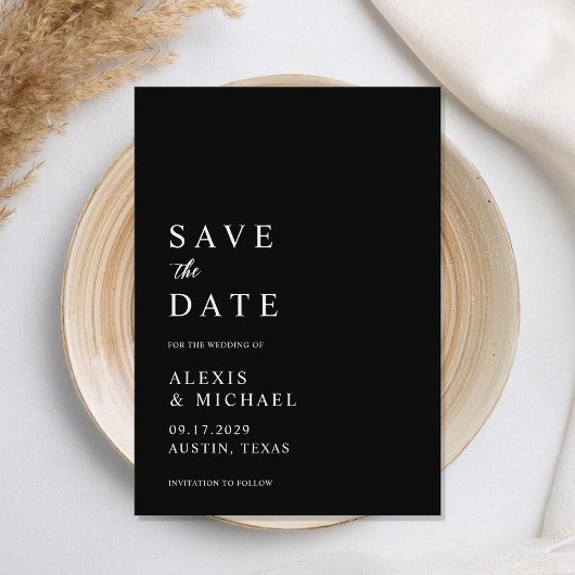 Moderne minimalistische zwarte en witte bruiloft save the date
