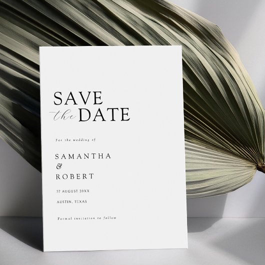 Moderne minimalistische zwarte en witte bruiloft save the date