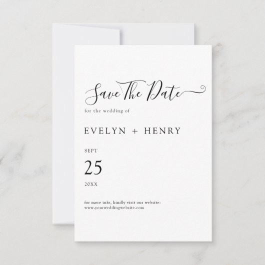 Moderne minimalistische zwarte en witte bruiloft save the date (Voorkant)