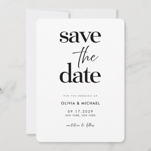 Moderne minimalistische zwarte en witte bruiloft save the date (Voorkant)