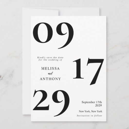 Moderne minimalistische zwarte en witte bruiloft save the date (Voorkant)