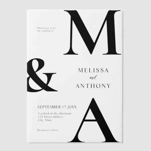 Moderne minimalistische zwarte en witte bruiloft vellum uitnodigingen (Voorkant)