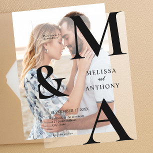 Moderne minimalistische zwarte en witte bruiloft vellum uitnodigingen