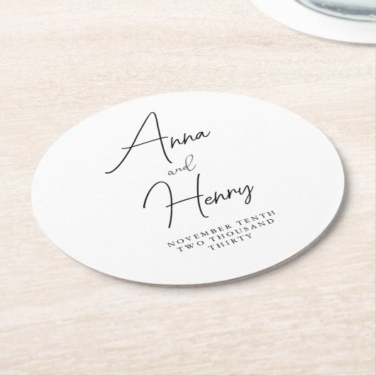 Moderne, minimalistische zwarte en witte bruilofte ronde kartonnen onderzetter (Gebogen)