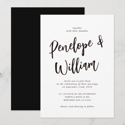 Moderne minimalistische zwarte en witte huwelijksu kaart (Voorkant / Achterkant)