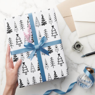 Moderne minimalistische zwarte en witte kerstboom cadeaupapier