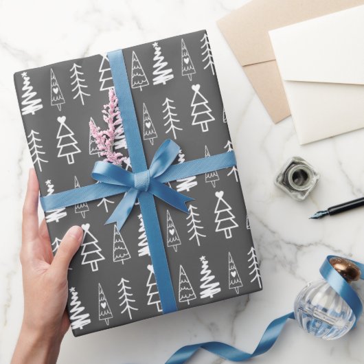 Moderne minimalistische zwarte en witte kerstboom cadeaupapier (Geschenken)