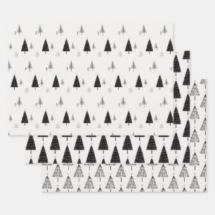 Moderne minimalistische zwarte en witte kerstboom inpakpapier vel