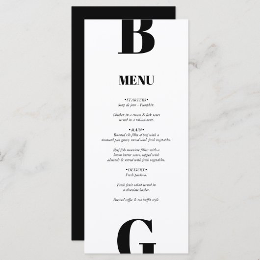 Moderne minimalistische zwarte en witte monogram b menu (Voorkant / Achterkant)