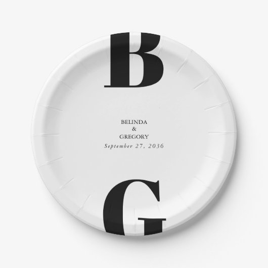 Moderne minimalistische zwarte en witte monogram b papieren bordje (Voorkant)