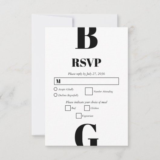 Moderne minimalistische zwarte en witte monogram b RSVP kaartje (Voorkant)