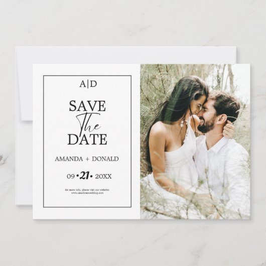 Moderne minimalistische zwarte en witte monogram b save the date (Voorkant)