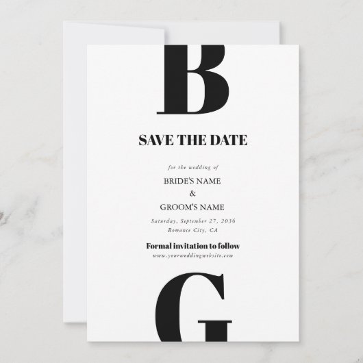 Moderne minimalistische zwarte en witte monogram b save the date (Voorkant)