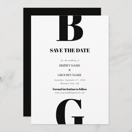 Moderne minimalistische zwarte en witte monogram b save the date (Voorkant / Achterkant)