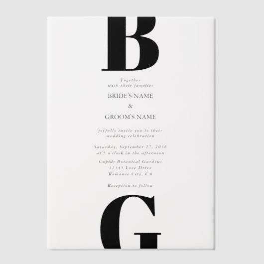 Moderne minimalistische zwarte en witte monogram b vellum uitnodigingen (Voorkant)