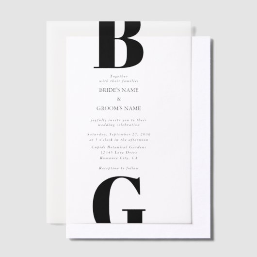 Moderne minimalistische zwarte en witte monogram b vellum uitnodigingen (Offset)