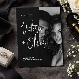 Moderne Minimalistische Zwarte en Witte Script Fot Save The Date