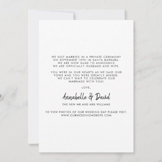 Moderne minimalistische zwarte foto-weddenschap aankondiging (Achterkant)