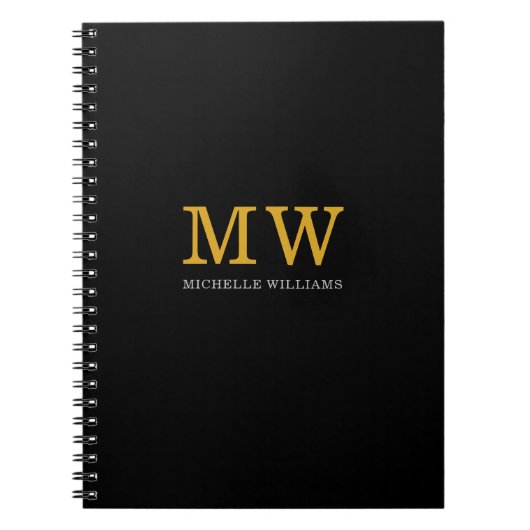Moderne Minimalistische Zwarte Gouden Initialen Na Notitieboek (Voorkant)