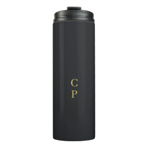 Moderne Minimalistische Zwarte & Gouden Monogram Thermosbeker