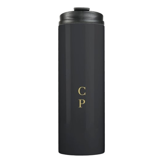 Moderne Minimalistische Zwarte & Gouden Monogram Thermosbeker (Voorkant)