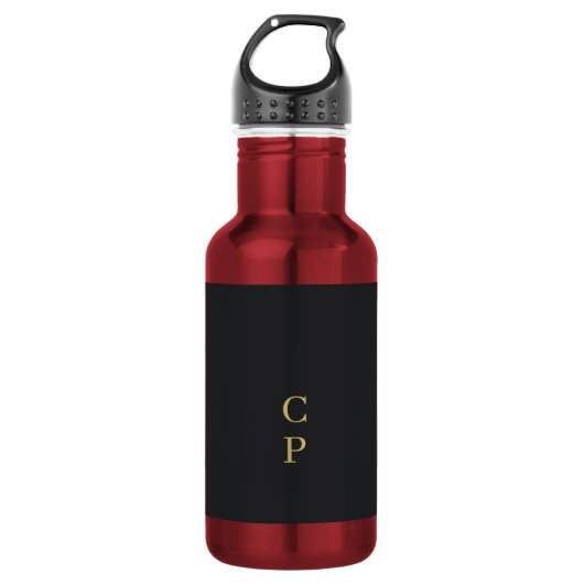 Moderne Minimalistische Zwarte & Gouden Monogram Waterfles (Voorkant)