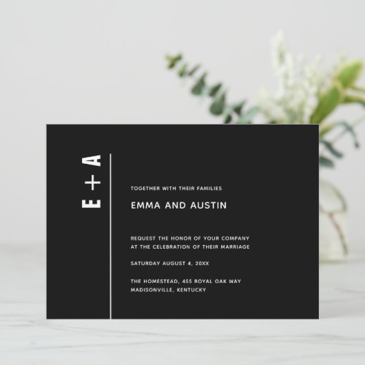 Moderne, minimalistische zwarte Initialen bruiloft Kaart (Staand voorkant)