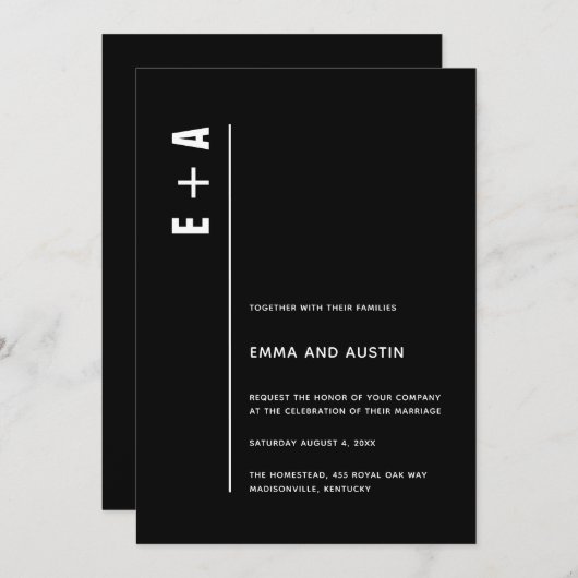 Moderne, minimalistische zwarte Initialen bruiloft Kaart (Voorkant / Achterkant)