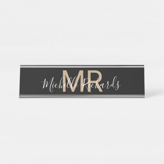 Moderne, minimalistische zwarte monogram bureau bureau naambordje (Voorkant)