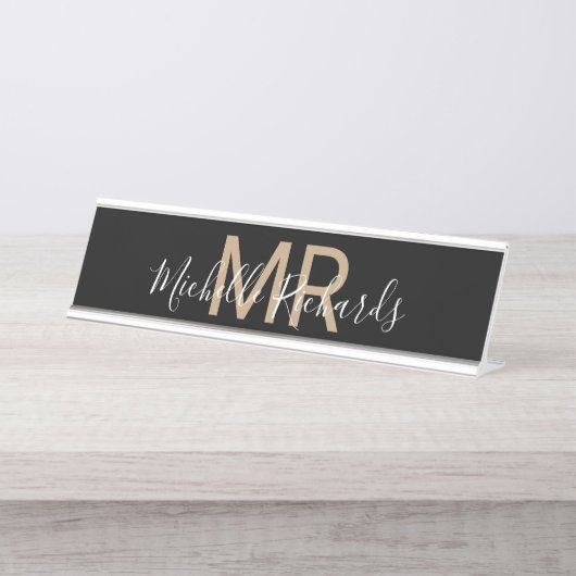 Moderne, minimalistische zwarte monogram bureau naambordje (Voorkant)