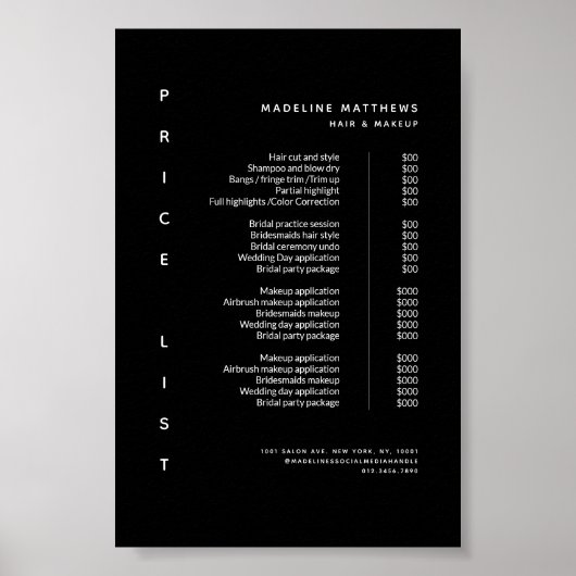 Moderne minimalistische zwarte salon prijslijstser poster (Voorkant)