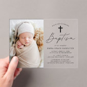 Moderne minimalistische zwarte script foto doop acryl uitnodigingen (Insitu (Draagbaar))