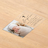 Moderne minimalistische zwarte script foto doop acryl uitnodigingen (Laagn)