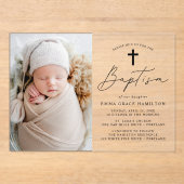 Moderne minimalistische zwarte script foto doop acryl uitnodigingen (Voorkant)