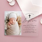 Moderne minimalistische zwarte script foto doop acryl uitnodigingen