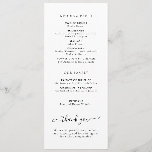 Moderne minimalistische zwarte script huwelijkscer programmakaart (Achterkant)