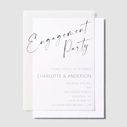 Moderne Minimalistische Zwarte Script Verlovingsfe Vellum Uitnodigingen (Offset)