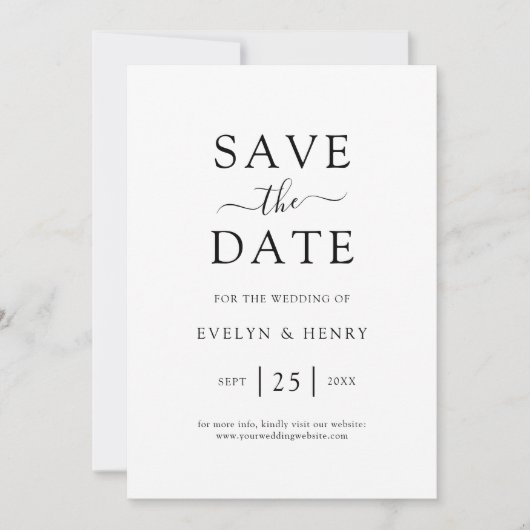 Moderne, minimalistische zwarte-scriptweduwen save the date (Voorkant)