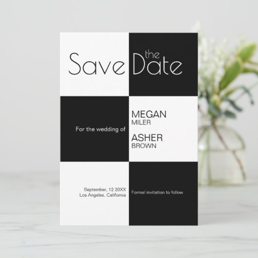 Moderne minimalistische zwarte TIles Save The Date (Staand voorkant)