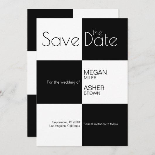 Moderne minimalistische zwarte TIles Save The Date (Voorkant / Achterkant)