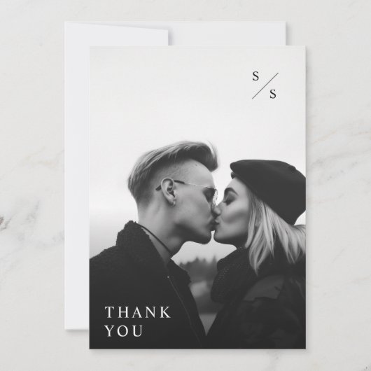 Moderne minimalistische zwarte typografie foto bru bedankkaart (Voorkant)