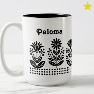 Moderne Minimalistische Zwarte Volkskunst Bloemen  Tweekleurige Koffiemok